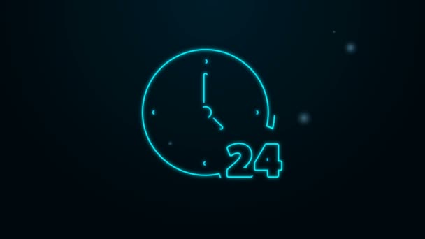 Glowing neon line Clock 24 jam ikon terisolasi pada latar belakang hitam. Sepanjang hari ikon siklik. 24 jam layanan simbol. Animasi grafis gerak Video 4K — Stok Video