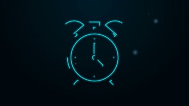 Parlayan neon hattı alarm saati simgesi siyah arkaplanda izole edildi. Uyan, kalk konsepti. Zaman işareti. 4K Video hareketli grafik canlandırması