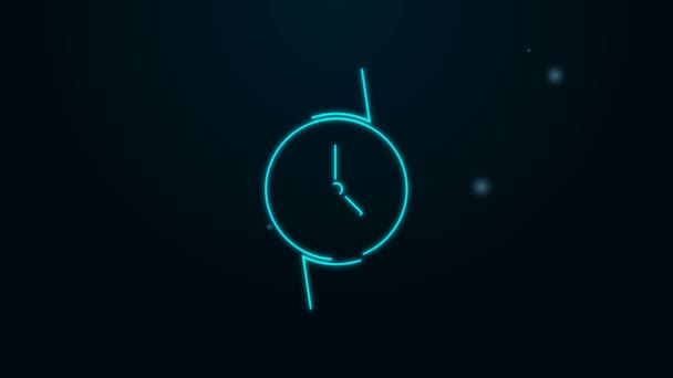 Zářící neonová čára Ikona náramkových hodinek izolovaná na černém pozadí. Ikona hodinek. Grafická animace pohybu videa 4K — Stock video