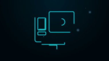 Parlayan neon hattı Eylem aşırı kamera simgesi siyah arkaplanda izole edildi. Ekstrem sporları çekmek için video kamera ekipmanı. 4K Video hareketli grafik canlandırması