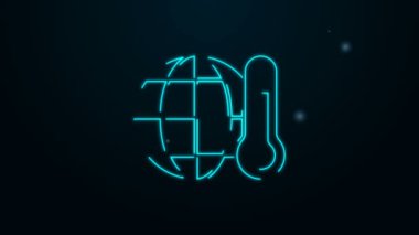 Parlayan neon hattı Dünya gezegeni eriyerek küresel ısınma simgesine dönüşüyor. Siyah arka planda izole edilmiş. Ekolojik problemler ve çözümler - termometre. 4K Video hareketli grafik canlandırması