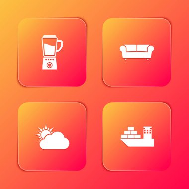 Blender, kanepe, güneş, bulut hava durumu ve kargo gemisi simgesini ayarla. Vektör.