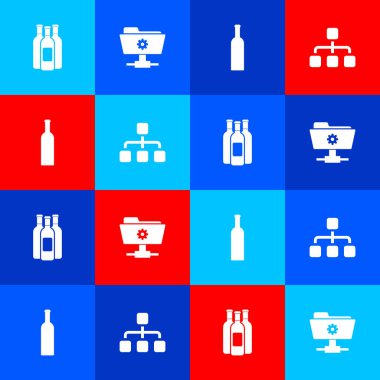 Şarap şişeleri, FTP ayarları klasörü ve hiyerarşi organogram grafik simgesi ayarla. Vektör.