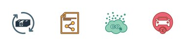 Para iadesi, Paylaşım dosyası, CO2 emisyonlarını bulut ve araba paylaşım simgesine ayarla. Vektör.