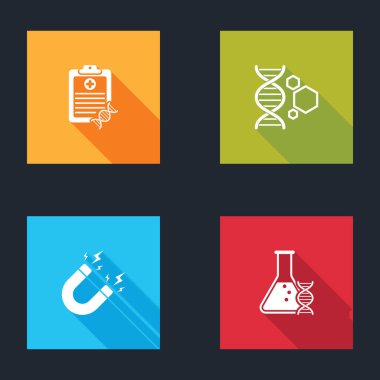Set Clipboard with DNA analysis, Genetic engineering, Magnet lightning and research, search icon. Vector. clipart