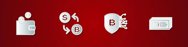 Establecer Cartera Criptomoneda Intercambio Escudo Con Bitcoin Icono Vector — Archivo Imágenes Vectoriales