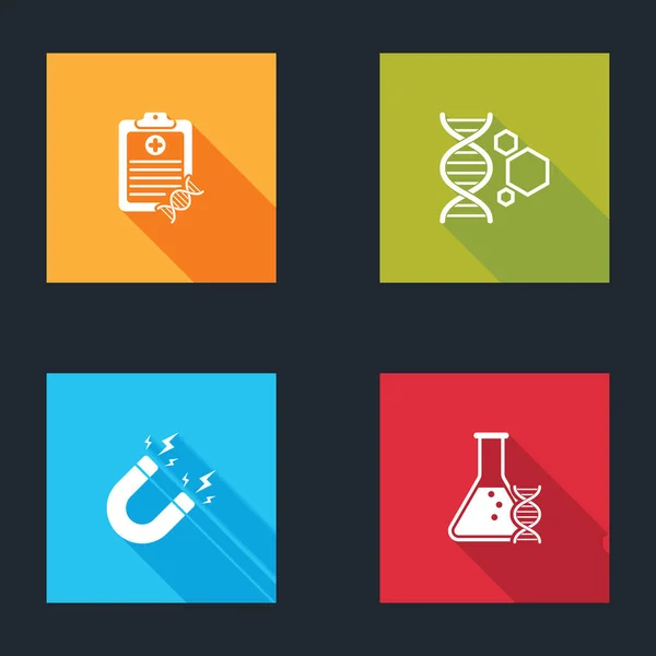 Panoyu DNA analizi, genetik mühendislik, mıknatıs yıldırımı ve araştırma ikonu ile ayarla. Vektör.
