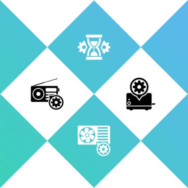 Radyo ayarları, klima, kum saati ve tost makinesi simgesi. Vektör.