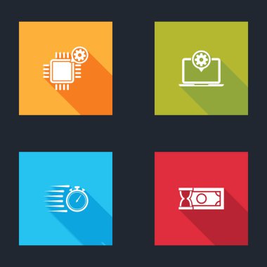 İşlemci ayarını, Laptop 'ı, Stopwatch' ı ve Hızlı ödeme simgesini ayarla. Vektör.