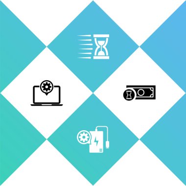 Dizüstü bilgisayar ayarları, güç bankası, kum ve hızlı ödeme ikonu olan eski kum saati. Vektör.