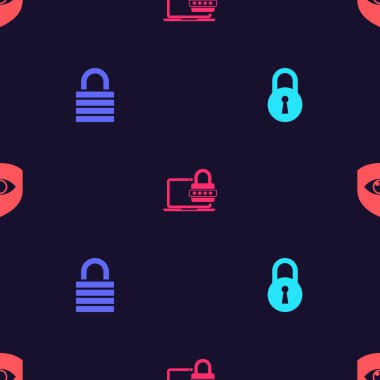 Kilit ayarlayın, şifreli dizüstü bilgisayar, kalkan ve göz kusursuz desende. Vektör.