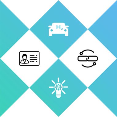 Kimlik kartı, donanımlı ampul, hidrojen arabası ve zincir hat simgesini ayarla. Vektör.