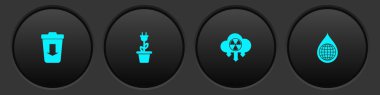 Çöpe gönder, tenceredeki elektrik prizi asit yağmuru, radyoaktif bulut ve Dünya gezegenindeki su damlası ikonu. Vektör.