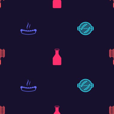 Barbekü ızgarasını sosisli sandviç, ketçap şişesi ve çelik ızgarayla kusursuz bir şekilde hazırla. Vektör.