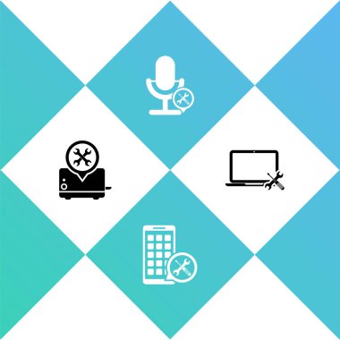 Tost makinesi, Mobil Uygulamalar, Mikrofon ve Laptop simgesini ayarla. Vektör.