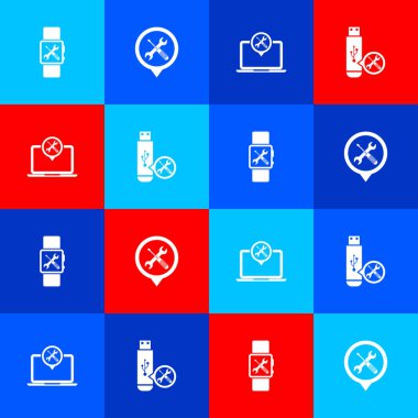 Smartwatch servisi, konum, dizüstü bilgisayar ve USB flash disk simgesini ayarla. Vektör.