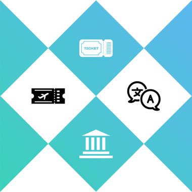 Uçak bileti, müze binası, Bilet ve Çevirmen simgesi. Vektör.