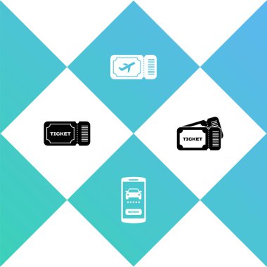 Set Bilet, Online araba paylaşımı, uçak bileti ve ikon. Vektör.