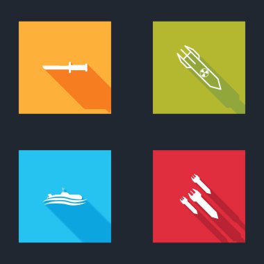 Askeri bıçak, nükleer roket, denizaltı ve roket ikonu. Vektör.