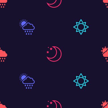 Güneş, Bulut, yağmur ve güneş, ay yıldızları ve kusursuz desenler. Vektör.