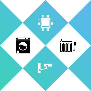 Çamaşır makinesini, güvenlik kamerasını, işlemcili işlemciyi ve ısıtma radyatörü ikonunu ayarla. Vektör.