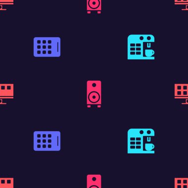 Kahve makinesini, grafiksel tableti, müzik seti hoparlörünü ve Smart Tv 'yi kusursuz diziye ayarla. Vektör.