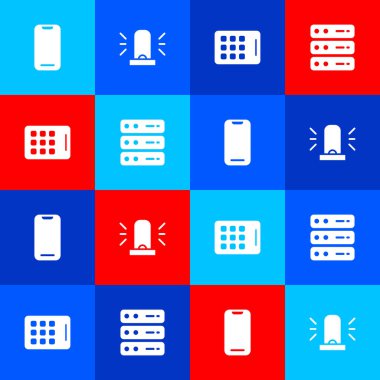 Akıllı Telefon, Flasher Sireni, Grafik Tableti ve Sunucu, Data, Web Sunucu simgesini ayarla. Vektör.