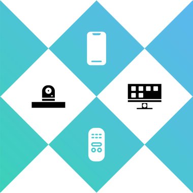 Güvenlik kamerası, uzaktan kumanda, akıllı telefon ve televizyon simgesini ayarla. Vektör.