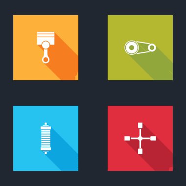 Motor pistonu, zaman ayarlı kemer kiti, şok emici ve tekerlek anahtarı simgesini ayarla. Vektör.