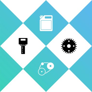 Uzaktan kumandalı araba anahtarı, zaman ayarlı kemer kiti benzin ve ikon için teneke kutu. Vektör.