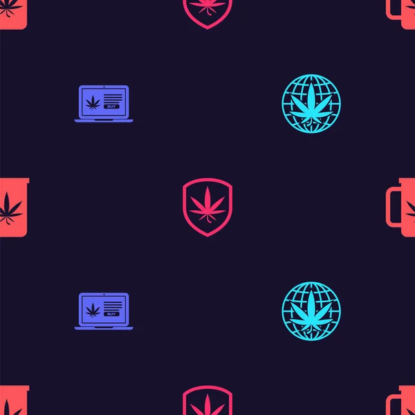 Set Legalizovat Marihuanu Online Nákup Štít Šálek Čaje Bezešvé Vzor — Stockový vektor