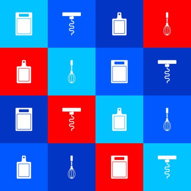 Kesme tahtası, şarap tirbuşonu ve mutfak çırpma ikonu. Vektör.