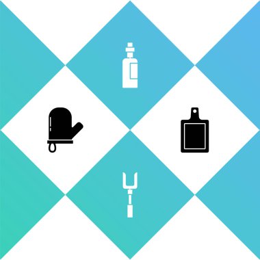 Fırın eldiveni, barbekü çatalı, bir şişe zeytinyağı ve kesme tahtası ikonu. Vektör.