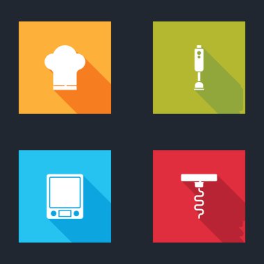 Şef şapkası, blender, elektronik teraziler ve şarap tirbuşonu simgesi. Vektör.