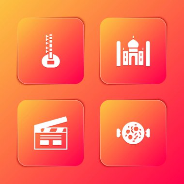 Set Sitar, Taj Mahal, Bollywood Hint sineması ve Tavuk tikka masala ikonu. Vektör.