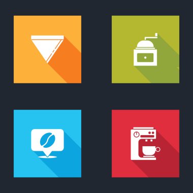 Kahve kağıdı filtresi, el yapımı kahve öğütücüsü, fasulye ve makine ikonlu konum. Vektör.