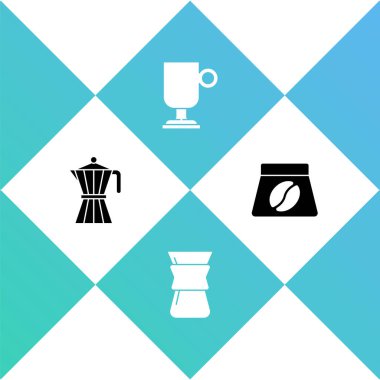 Kahve fincanı, Chemex, İrlanda kahvesi ve poşet fasulye ikonu. Vektör.