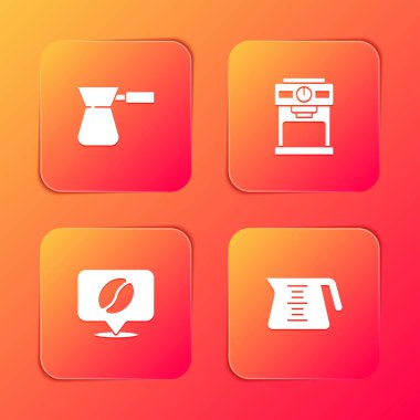 Kahve makinası, kahve çekirdeği ve demlik ikonlu mekan. Vektör.