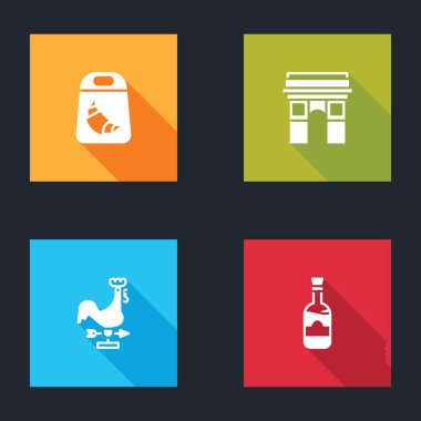 Kruvasan paketi, Zafer Kemeri, Horoz rüzgar gülü ve şarap ikonu şişeleri. Vektör.