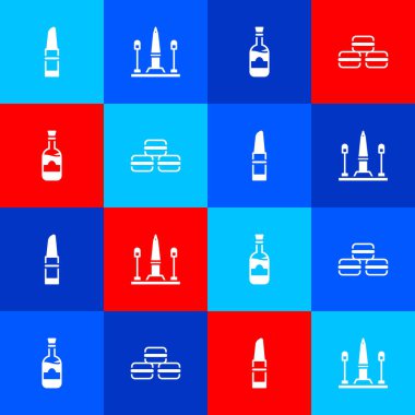 Set ruj, Place De La Concorde, şarap şişeleri ve makarna kurabiye ikonu. Vektör.