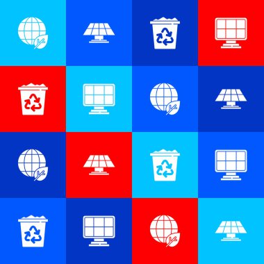 Dünya küresi ve yaprağını, güneş enerjisi panelini, geri dönüşüm kutusunu geri dönüşüm ve simgeyle ayarla. Vektör.