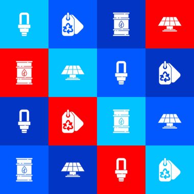LED ampulü, geri dönüşümlü etiketi, biyoyakıt varilini ve güneş enerjisi simgesini ayarla. Vektör.