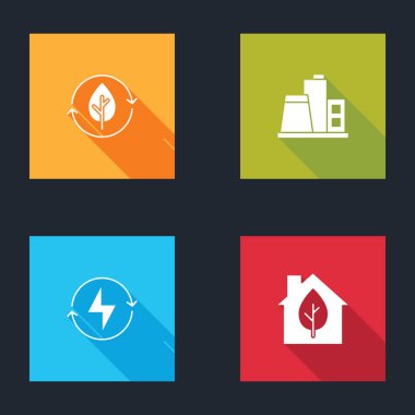 Geri dönüşüm ve yaprak, Fabrika, Yıldırım ve çevre dostu ev simgesini ayarla. Vektör.