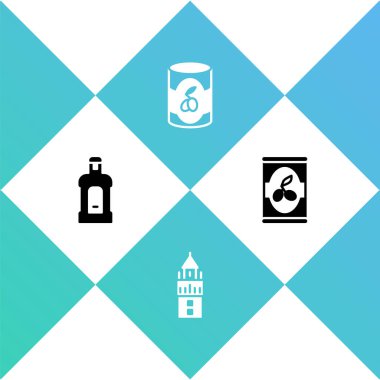 Orujo 'yu, Giralda' yı, zeytinleri kutuya ve ikona yerleştir. Vektör.