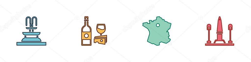 Set Fountain, Wine bottle with cheese, Map of France and Place De La Concorde icon. Vector.