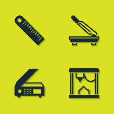 Cetvel, 3D yazıcı, Tarayıcı ve Kağıt Kesici simgesi ayarla. Vektör.