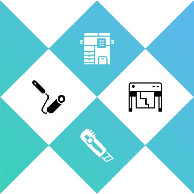 Boya fırçasını, kırtasiye bıçağını, fotokopi makinesini ve çizim simgesini ayarla. Vektör.