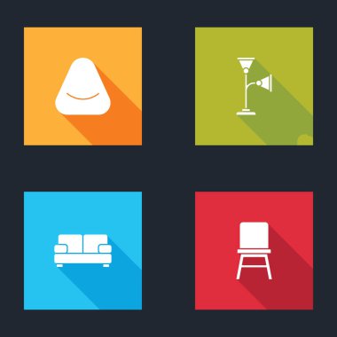 Pouf 'u, zemin lambasını, kanepeyi ve sandalye ikonunu hazırla. Vektör.