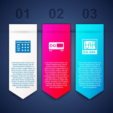 Bateri makinesi, gitar amplifikatörü ve osiloskop ayarlayın. Ticari bilgi şablonu. Vektör.