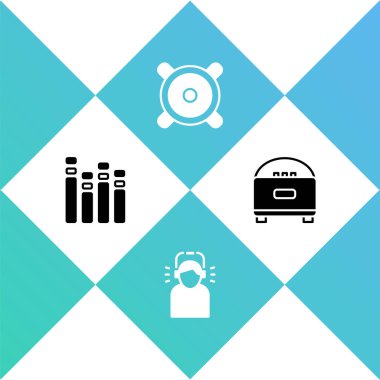 Müzik eşitleyici, kulaklıklı adam, müzik hoparlörü ve ikon ayarla. Vektör.